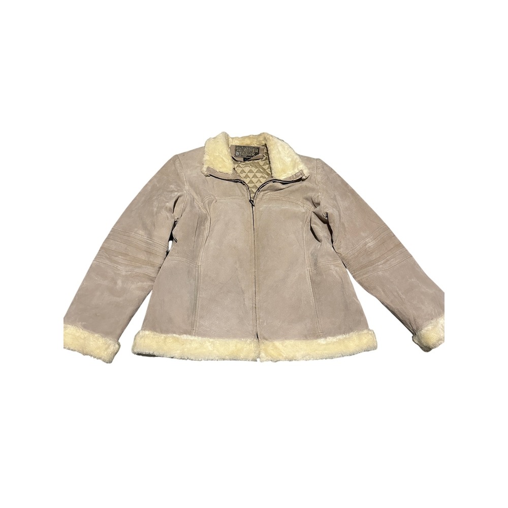 Weather Tamer‎ Suede Sherpa Lined Jacket Tan Beige Zip Front Collar L